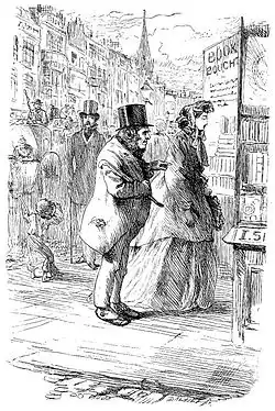 Gravure. Rue encombrée (passants, voitures avec cochers, un petit balayeur de rue) bordée de hauts immeubles sur la gauche, à droite en premier plan, une devanture de librairie. Boffin en haut de forme, avec Bella portant chapeau semblent regarder les livres avec attention