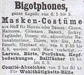 Annonce pour des bigotphones parue en 1892 en Autriche-Hongrie. Ils sont vendus dans le magasin Rix, situé sur la Praterstrasse, célèbre rue de Vienne.