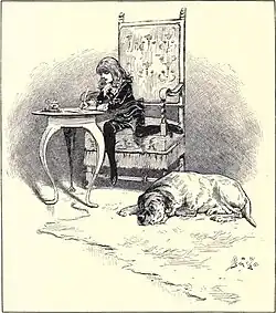 Gravure représentant un jeune enfant qui écrit une lettre, avec à côté un chien qui dort.
