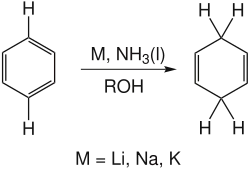 Bilan de la réduction de Birch ; réactif : benzène ; produit : cyclohexa-1,4-diène