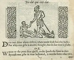 Facsimilé de page avec emblème xylographié représentant un mendiant et un homme qui passe