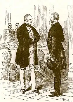 Bismarck (à droite) et Frédéric-Guillaume IV conversant ensemble en 1848 (Dessin de Hermann Lüders)