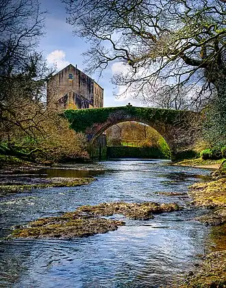 La rivière au premier plan, puis un vieux pont, puis le moulin.