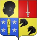 Blason de J.-C. Musquinet de Beaupré : Écartelé : le premier d'or à la tête de nègre de sable allumée d'argent ; etc.