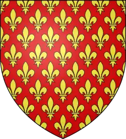 blason rouge couvert de fleurs de lys dorées