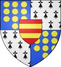 Armes de René de Rieux, Seigneur de Sourdéac : Ecartelé : aux I et IV d'azur, à dix besants d'or, ordonnés 3, 3, 3 et 1 (Rieux), aux II et III d'hermines plain (Bretagne), sur le tout de gueules à deux fasces d'or (Harcourt).