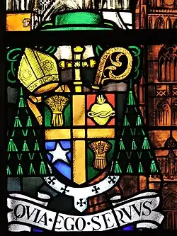 Blason de Monseigneur Kerkhofs sur le vitrail de la Cathédrale Saint-Paul de Liège.