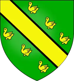Dessin en couleurs d'un blason sur fond vert, barré d'une bande jaune diagonale et orné de 6 silhouettes d'oiseaux.