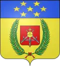 Blason de Foch : D'or à deux palmes posées en sautoir de sinople, nouées en pointe de gueules, accompagnées en cœur d'un écusson de gueules chargé de trois épées hautes d'argent, montées d'or, posées deux en sautoir, une en pal et chargées d'un globe, cerclé et croiseté d'or ; au chef d'azur chargé de sept étoiles d'or ordonnées 2, 3 et 2.