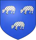 D'azur à trois moutons paissant d'argent, deux et un accornés et mouchetés de sable.