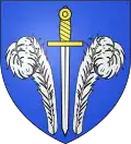 Vue d'un blason bleu portant deux plumes argentées et une épée argentée à poignée dorée.