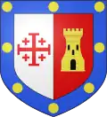 Blason de PouquevilleLa croix latine a été remplacée par la croix de Jérusalem à la suite de l'élévation de H-A Boulard de Pouqueville à la dignité de Chevalier de l'Ordre du Saint-Sépulcre[réf.&nbsp;nécessaire]