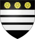 Famille de Chavagnac : de sable à trois fasces d'argent accompagnées de trois roses d'or rangées en chef.