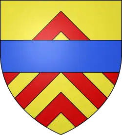 Blason avec 3 chevrons rouges sur fond jaune et une bande horizontale bleue au milieu