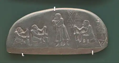 Plaque en pierre (rapportant une vente de terre ?), un des « monuments Blau », début du IIIe&nbsp;millénaire&nbsp;av. J.-C., graphie linéaire. British Museum.