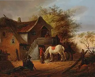 Cheval blanc près d'une ferme (s.d.).