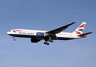 Un Boeing 777-200ER de British Airways en phase d’atterrissage.