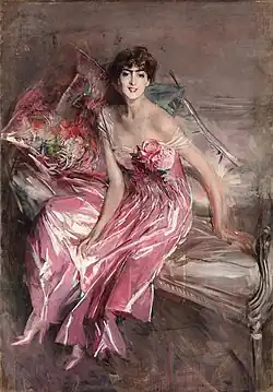 Photographie d'une peinture représentant une dame vêtue d'une robe rose