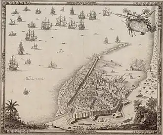 Carte d'une ville côtière à la Méditerranée, des bateaux sont présents sur l'eau