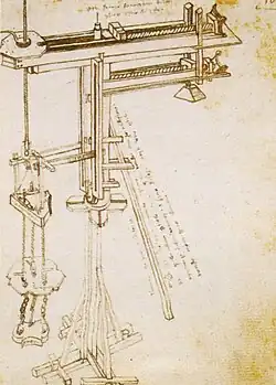 Grue mobile avec dispositif de placement de charges. Bonaccorso Ghiberti, Vue de la Grue de Brunelleschi, 1366-1368, BNCF.
