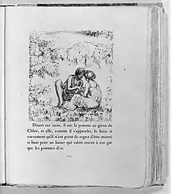 Page de livre avec un peu de texte et, au-dessus, le dessin d'un homme et d'une femme conversant et se tenant les mains dans un paysage bucolique