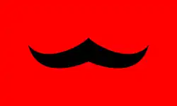 Drapeau avec une moustache noire sur fond rouge.