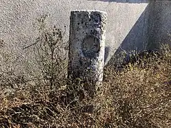 Photographie en couleurs d'un bloc cylindrique de pierre entouré de végétation.