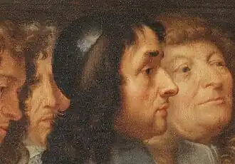 Profil présumé de Bossuet dans le tableau de la visite de Louis XIV à l'Académie des sciences, par Henri Testelin - Musée de Versailles, MV 2074.