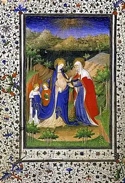 Miniature médiévale : Marie (crème/bleu) et Élisabeth (rouge). Enfants en arrière-plan. Style orné, paysage stylisé, lumière douce, serein, symétrique.
