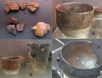 Céramiques, nécropole de Bougon.Néolithique ancien et moyen, Ve&nbsp;millénaire : 1, 2, 3. Néolithique récent, fin IVe&nbsp;millénaire: 4, 5, 6.