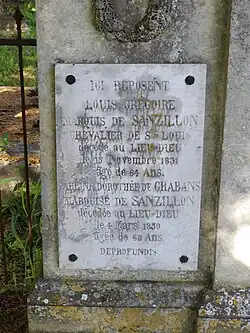 Plaque de Louis Grégoire de Sanzillon et de Pauline Dorothée de Chabans.