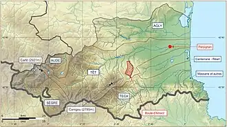 Boule-d'Amont sur une carte topographiqe des Pyrénées-Orientales.