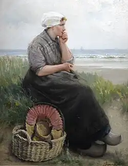 Jeune fille avec un panier au bord de la plage (vers 1875).
