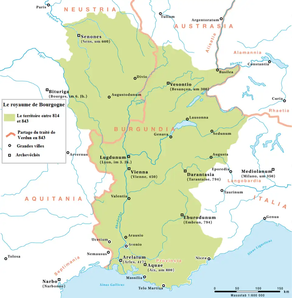 Le royaume de Bourgogne au IXe&nbsp;siècle avant le traité de Verdun de 843.