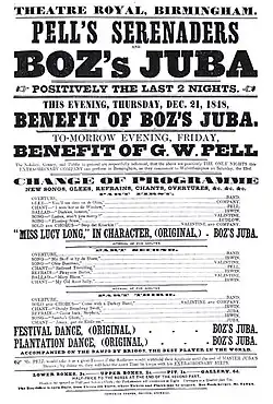 Affiche de spectacle en noir et blanc, comportant en grosses capitales le nom « Boz's Juba » en tête de page.