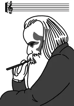 Caricature de Brahms tête penchée, crayon en main. Une portée vide au-dessus de lui.