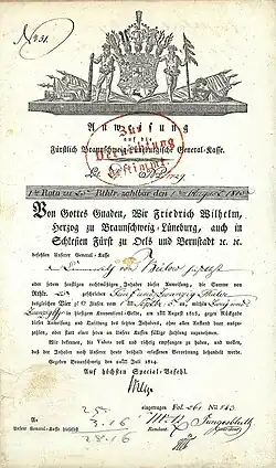 Emprunt à 4 % de Frédéric-Guillaume, duc de Brunswick-Lunebourg, de 25 thalers, émis à Brunswick le 20 juillet 1814, encaissable à la Caisse générale du duché de Brunswick-Lunebourg, contracté pour le financement de la guerre de libération contre Napoléon