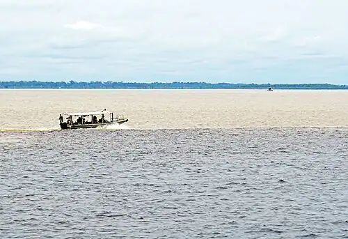 Immense confluence, vue par le travers, où les eaux sombres du rio Negro côtoient longtemps les eaux claires et sablonneuses du Solimões sans se mélanger.