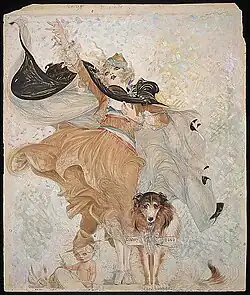Dessin en couleur d'une jeune femme avec son chien