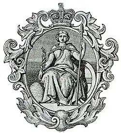 Vignette représentant une femme assise, tenant un trident dans sa main droite.