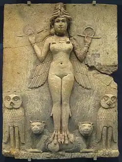 La « Reine de la nuit » (Ishtar ?), sur la plaque Burney. British Museum.