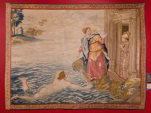 Rencontre de Héro et Léandre devant le temple de Cythène, tapisserie provenant de la manufacture royale de Mortlake, XVIIe&nbsp;siècle