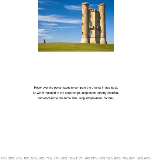 Démonstration interactive SVG du seam carving, utilisant la fonction liquid-rescale d'ImageMagick. En cliquant ci-dessus, on peut ensuite survoler pour comparer l'image originale (en haut), l'image redimensionée avec le seam carving (au milieu), l'image redimensionnée de la manière la plus classique, par interpolation (en bas).
