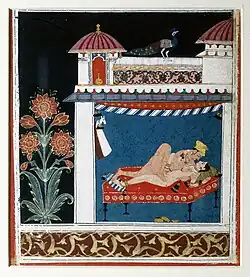 Scène de sexe. Entre 1660 et 1680. Peinture opaque à l'eau, or, papier 20,3 x 15,6cm. Brooklyn Museum