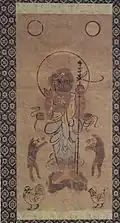 La divinité principale du culte Kōshin, Shōmen Kongō, accompagnée de deux singes. Deux cercles symbolisant le soleil et la lune figurent dans la partie supérieure, tandis qu'un coq apparaît dans la partie inférieure. Époque d'Edo.