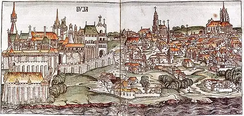Buda en 1493, avec le château à gauche.