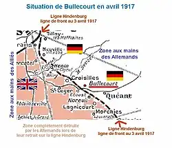 En avril 1917, Bullecourt reste en zone allemande sur la ligne Hindenburg.