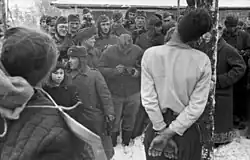 Photo noir et blanc. Groupe d'homme (avec un enfant) vêtus de manteaux d'uniformes d'hiver, vus de face, qui regardent deux corps pendus vus de dos au premier plan.