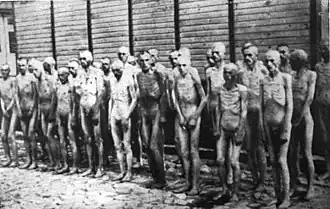 Photo en noir et blanc d'hommes debout, nus et amaigris