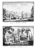 En haut l'entrée du domaine vers 1719, le dernier vestige à être démoli en 1883 ; en bas le château vers 1728-1735 ; par Abraham Rademaker.